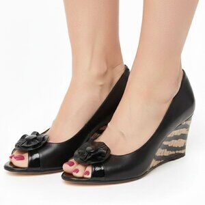 Roberto Capucci Italian Leather Open Toe Wedge Pump Stripe Cork Heels Patent